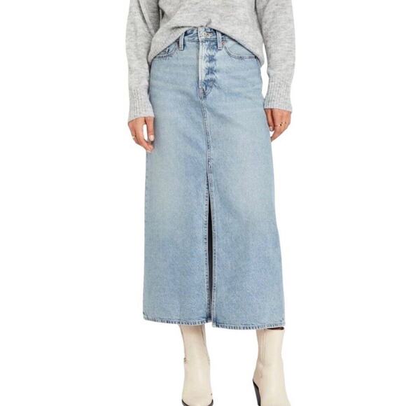 Old Navy Denim Jean Midi Skirt Size 6 Blue Light Wash Front Slit High Rise NWT - Picture 1 of 15